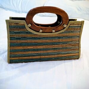 Exotic Woven Handbag with Wooden Handles